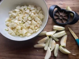 apples cored and slice for caramel apple pie
