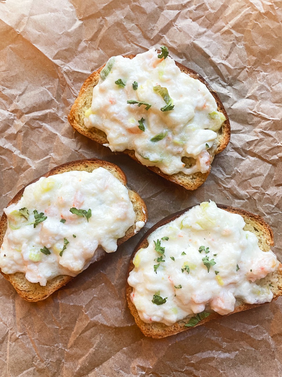 shrimp Rangoon toast on garlicy baguette