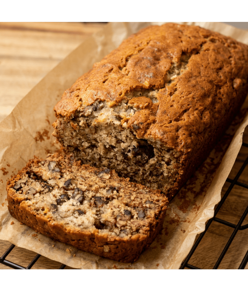 a loaf of banana nut bread with a slice cut off of it