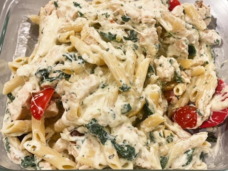 chicken spinach pasta bake in a baking dish
