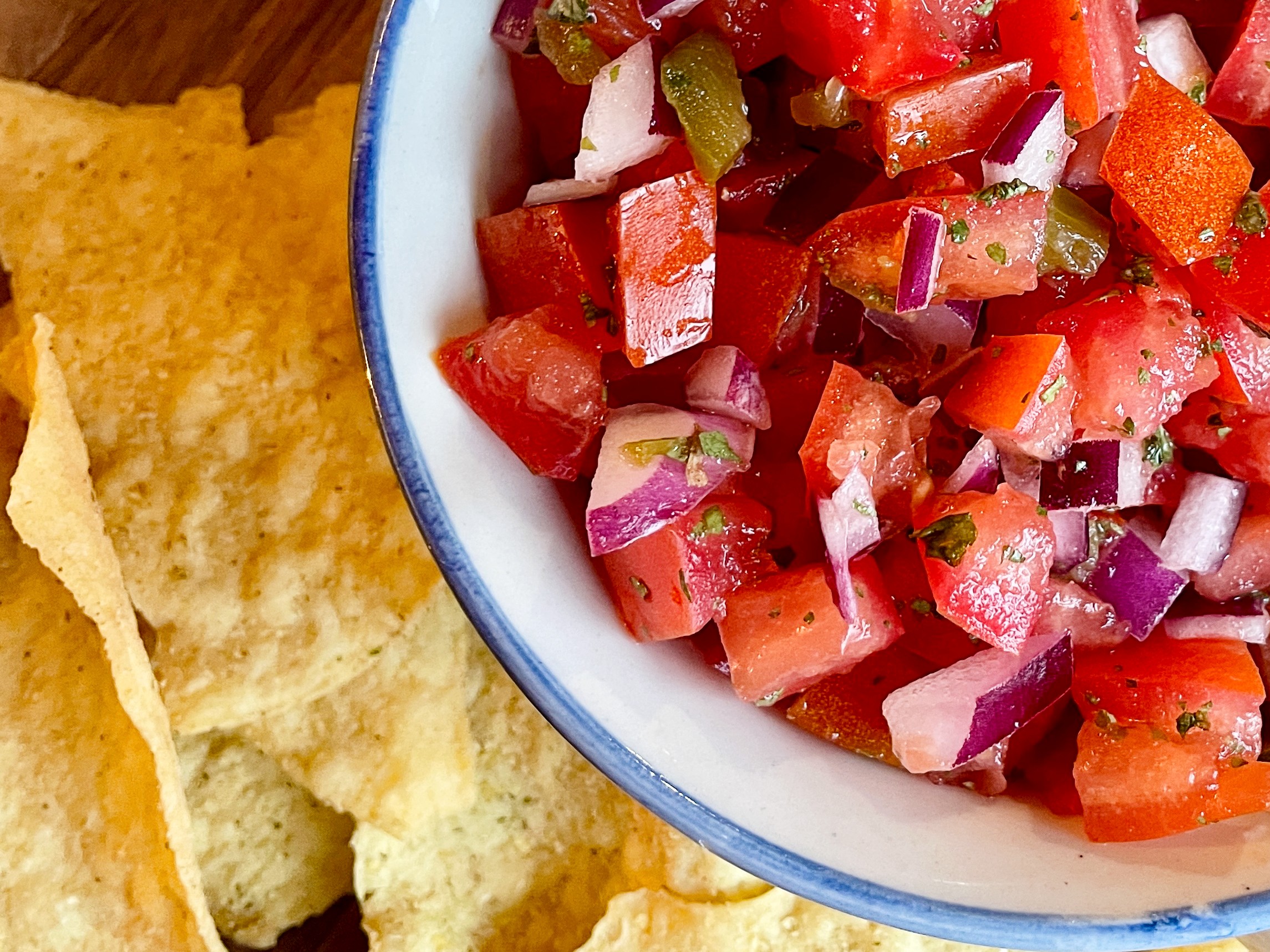 pico de Gallo in a bowl with tortilla chips