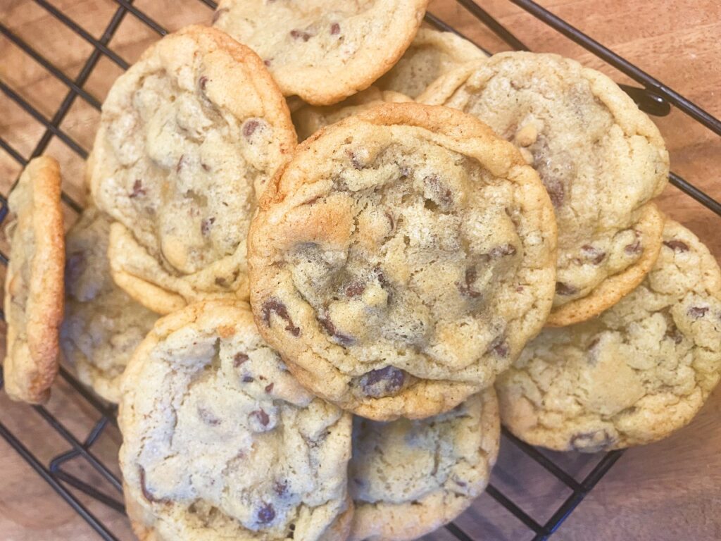 chocolate cookies in a pile