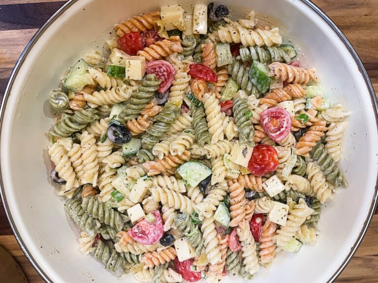 serving bowl with creamy pasta salad