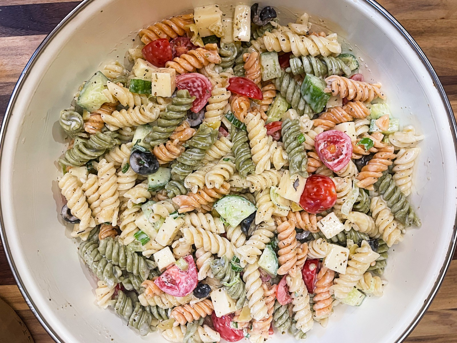 serving bowl with creamy pasta salad
