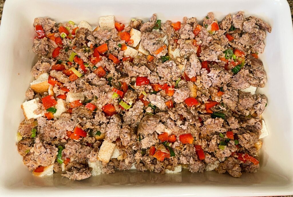 Sausage and bread mixture in dish