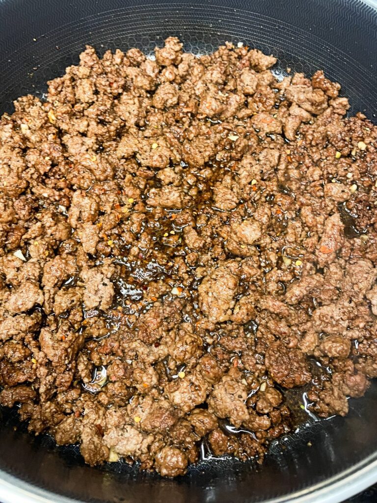 ground beef with brown sugar, soy sauce, sesame oil, ginger, black pepper, and red pepper flakes 