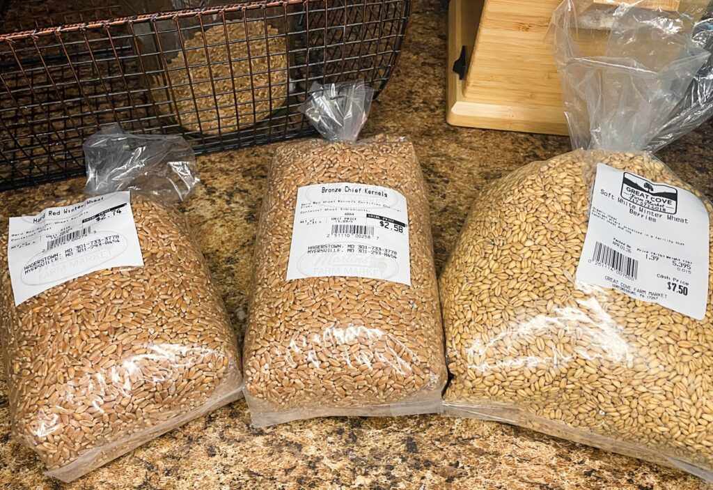 3 bags of wheat berries laying on the counter top