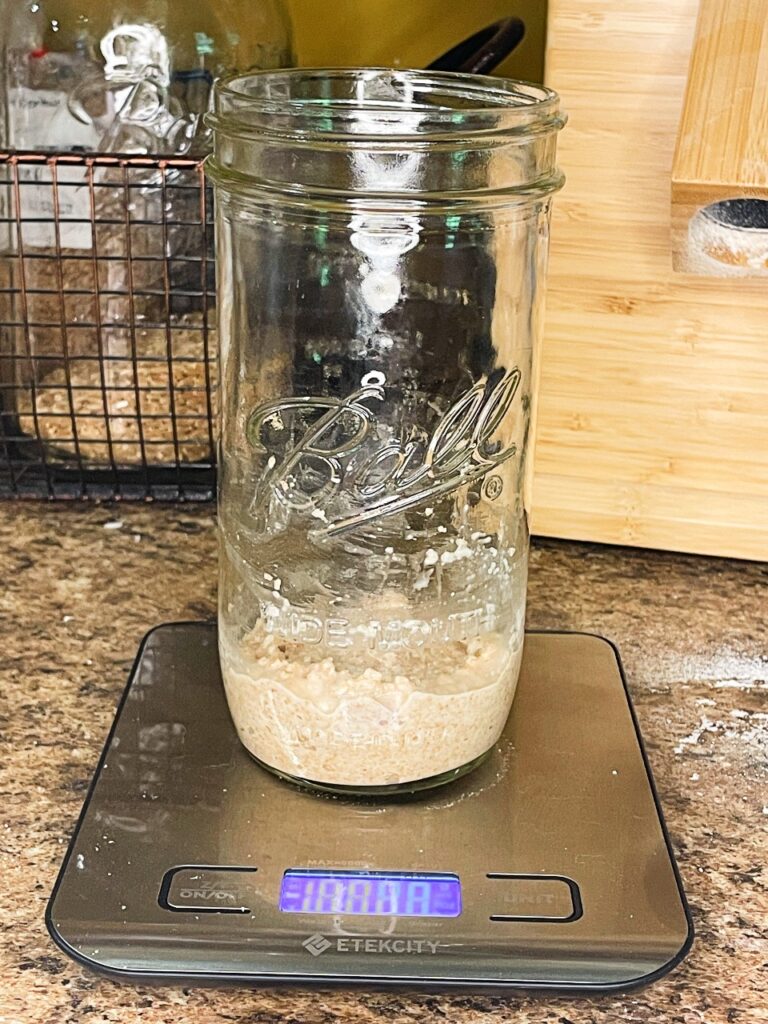 a mason jar with sourdough starter using fresh milled flour