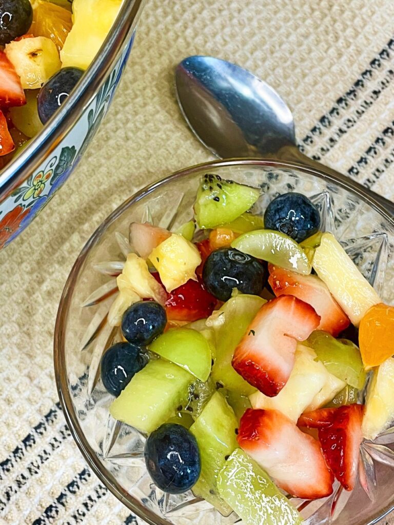 Strawberries, blueberries, kiwi, pineapple, and grapes tossed together for an easy fruit salad.