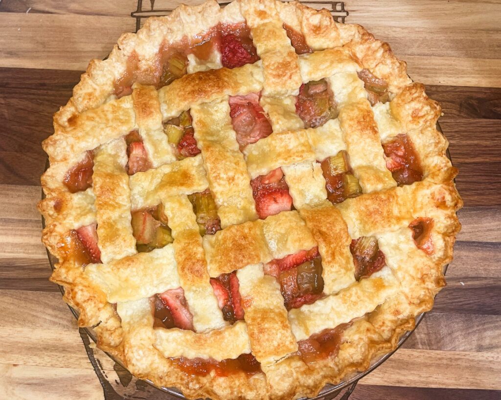 strawberry rhubarb pie fresh from the oven