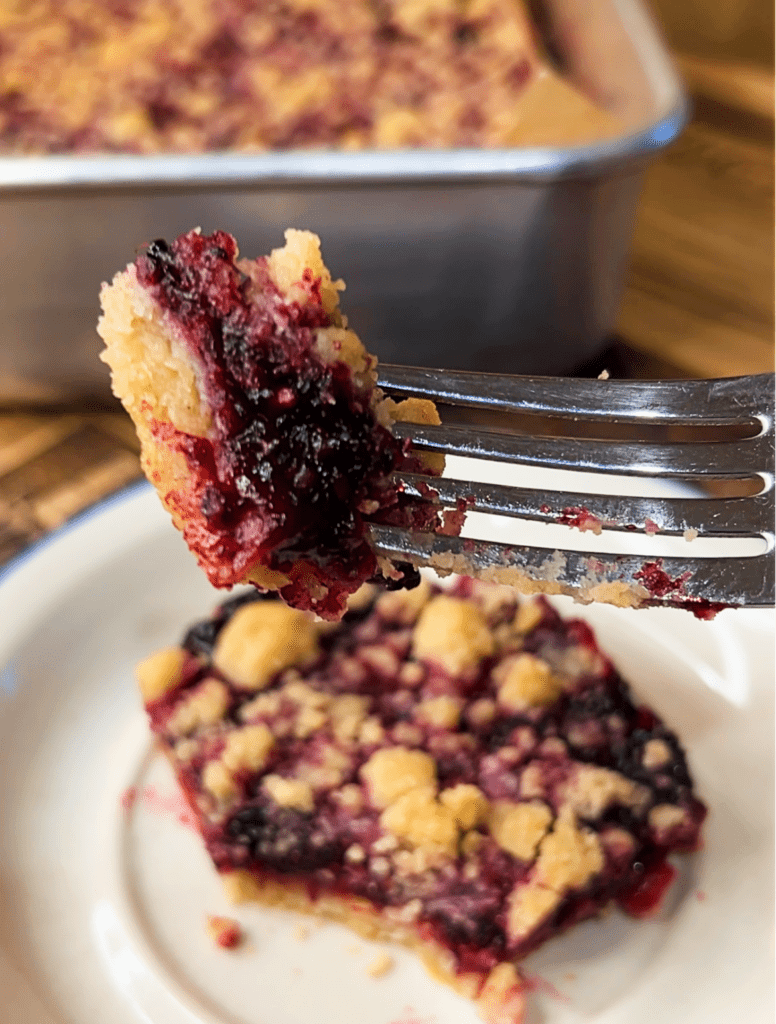 A fork with a bite of black raspberry crumble bar