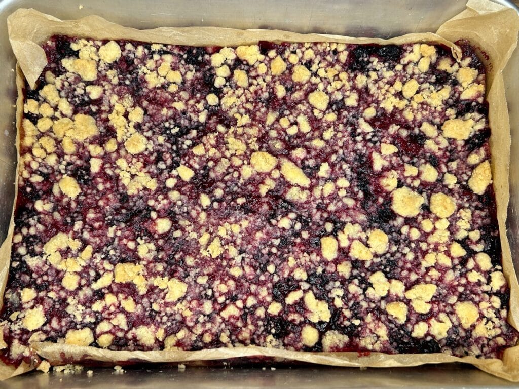 black raspberry crumble bars cooling