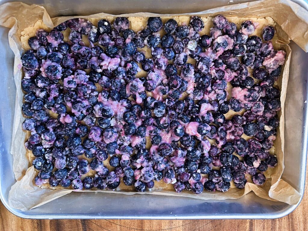 Blueberry filling spread over a buttery crumble crust in a baking dish.