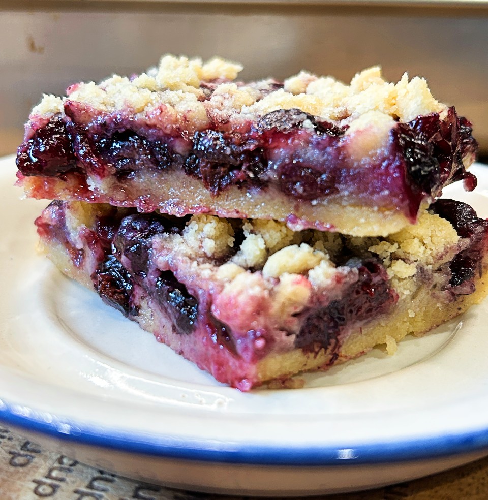 Blueberry crumble bars stacked on a plate with a buttery crumb topping and blueberry filling.