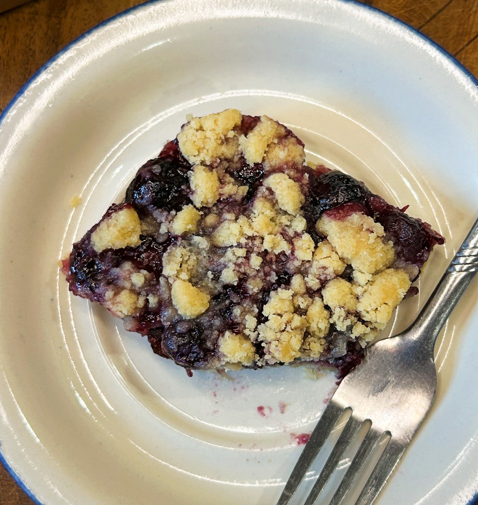 Sliced blueberry crumble bars with jammy blueberry filling and golden crumb topping on a plate with a fork