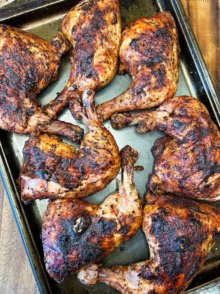 old-fashioned BBQ chicken quarters with crispy skin