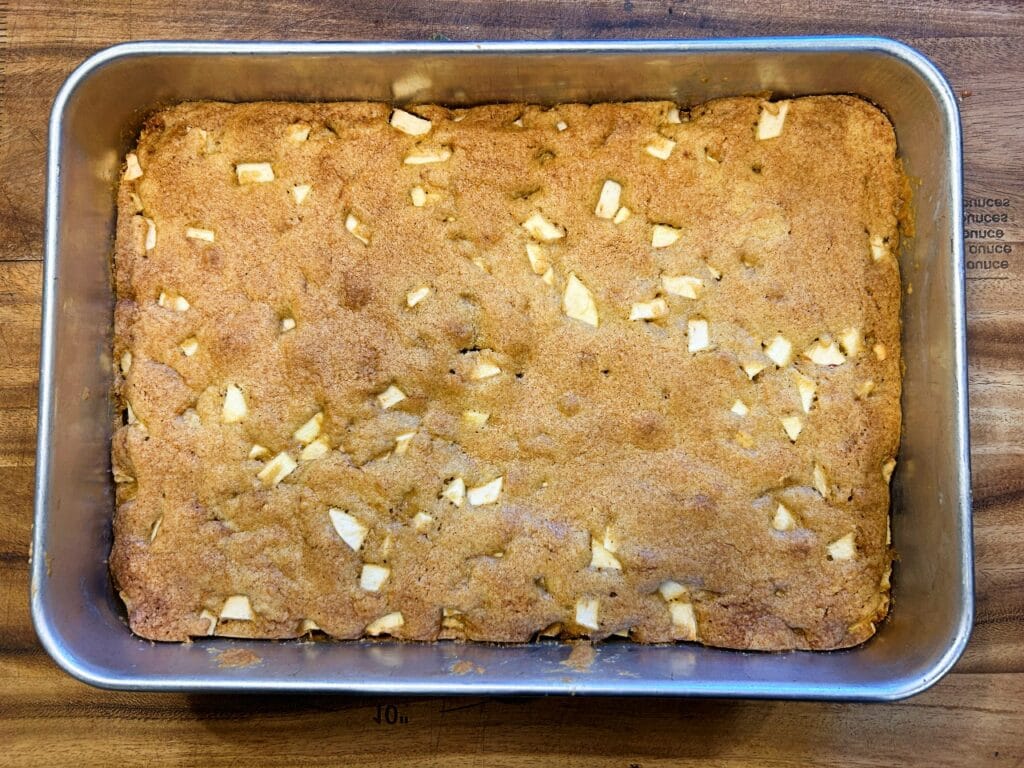 Fresh Apple Dapple Cake coming out of the oven