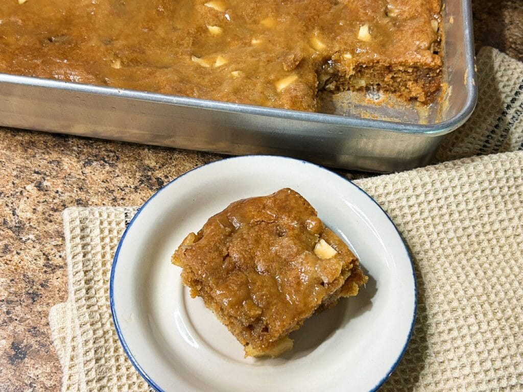 Apple Dapple Cake with caramel glaze and fresh apple slices