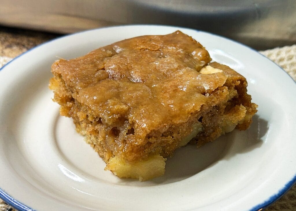 Slice of Old-Fashioned Apple Dapple Cake on a white dessert plate