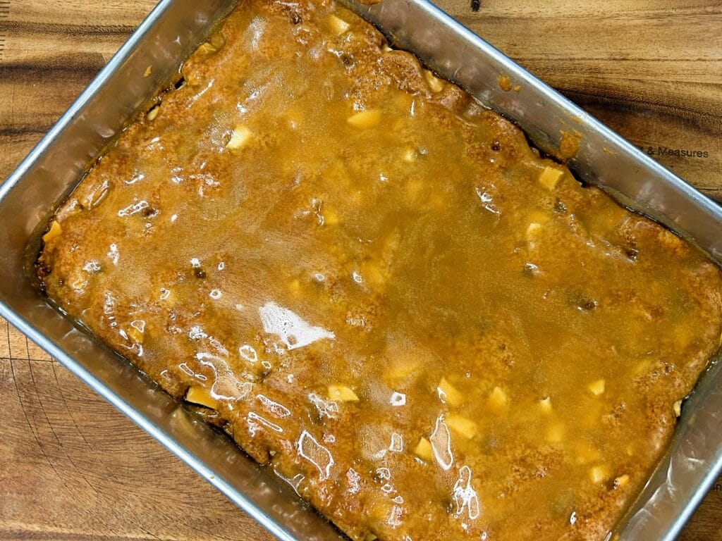Fresh Apple Dapple Cake cooling before serving