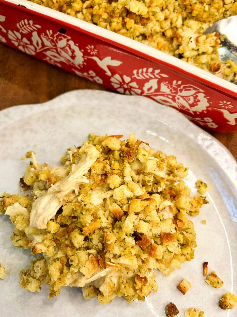 Homemade Chicken & Stuffing Casserole with crispy stuffing topping
