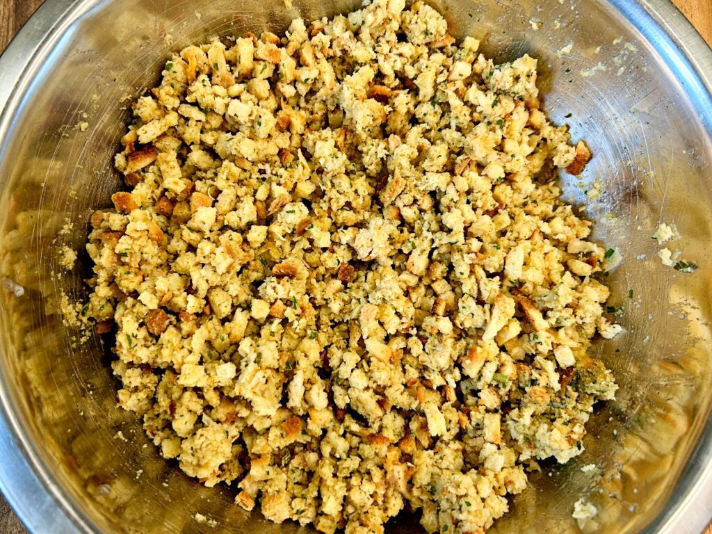 Boxed stuffing mixed with butter and chicken broth