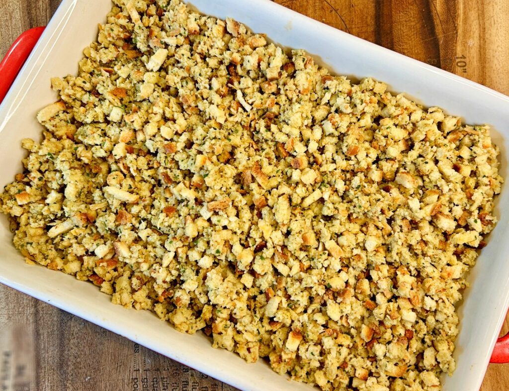 Stuffing topping spread over creamy chicken casserole