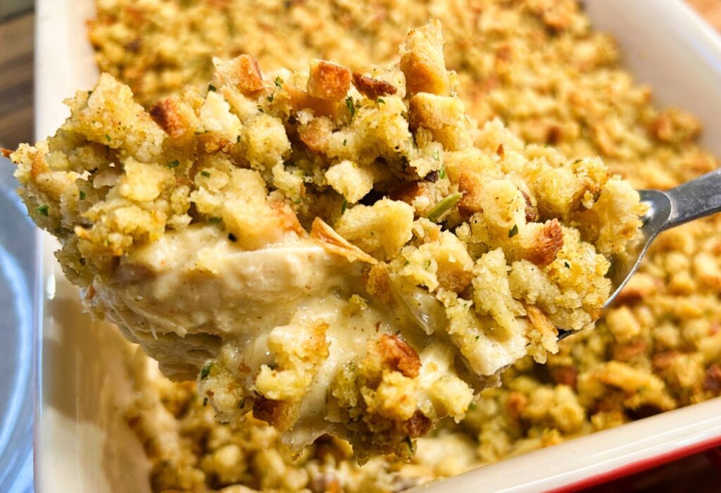 Easy Chicken & Stuffing Bake ready to serve