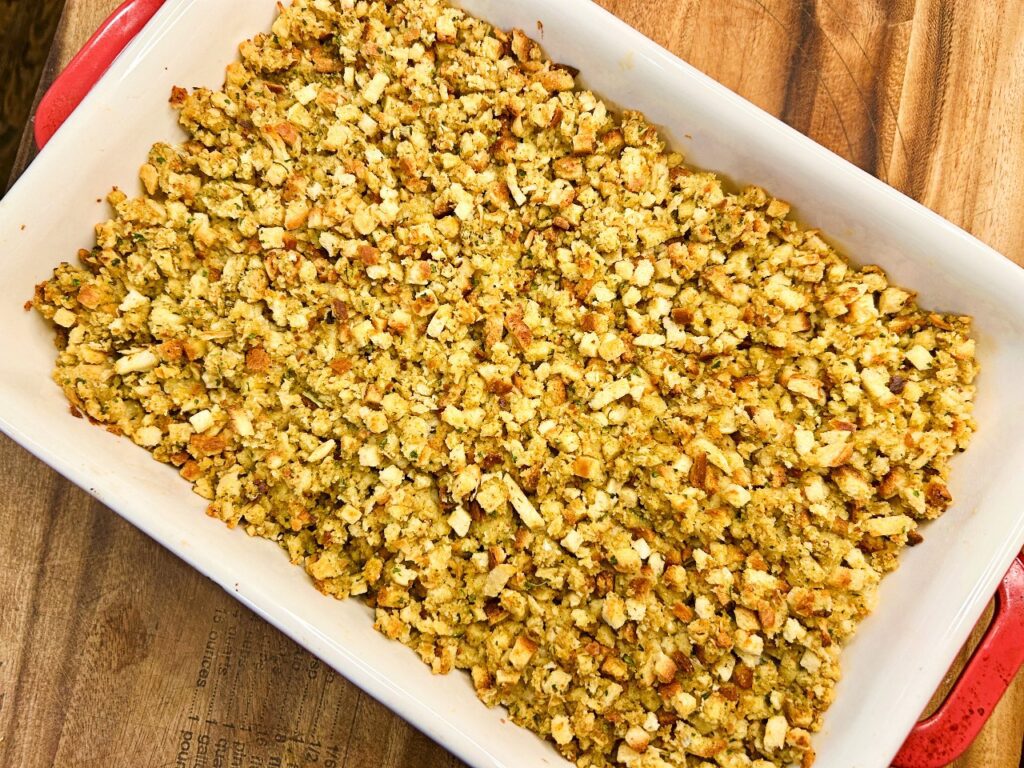 Golden brown chicken and stuffing casserole fresh from the oven
