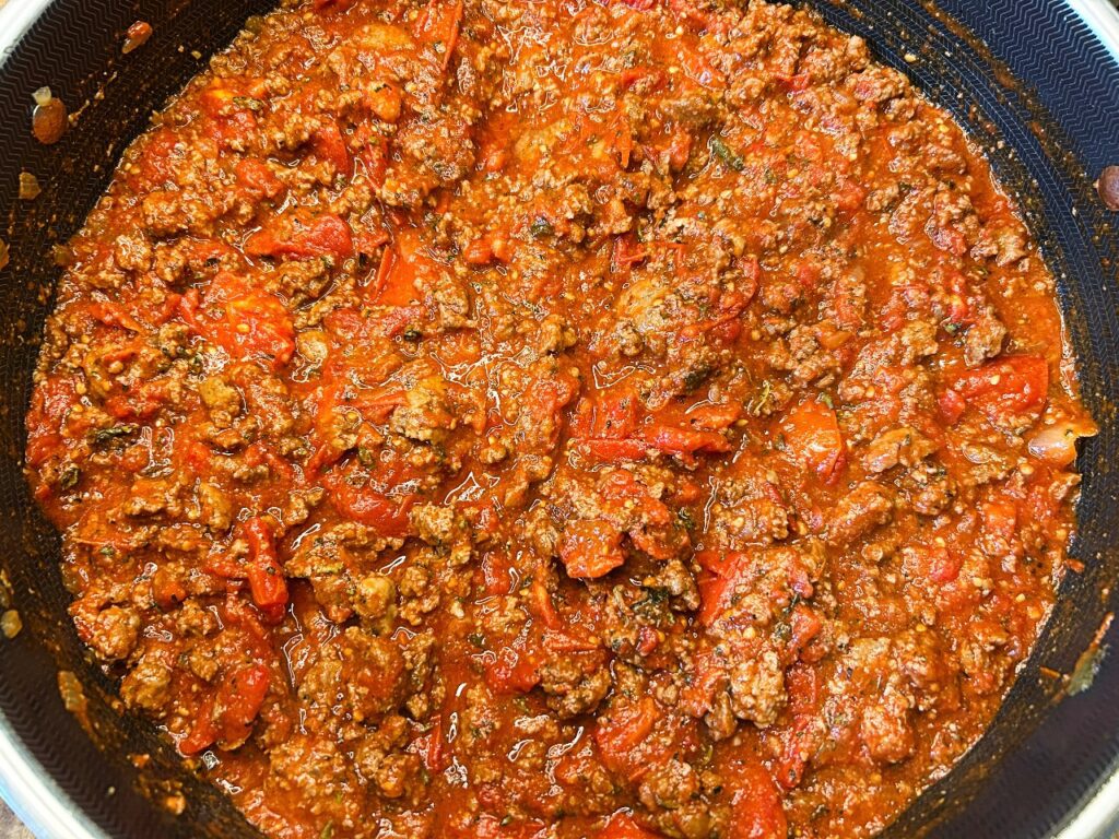 meat sauce in a skillet for easy baked ziti