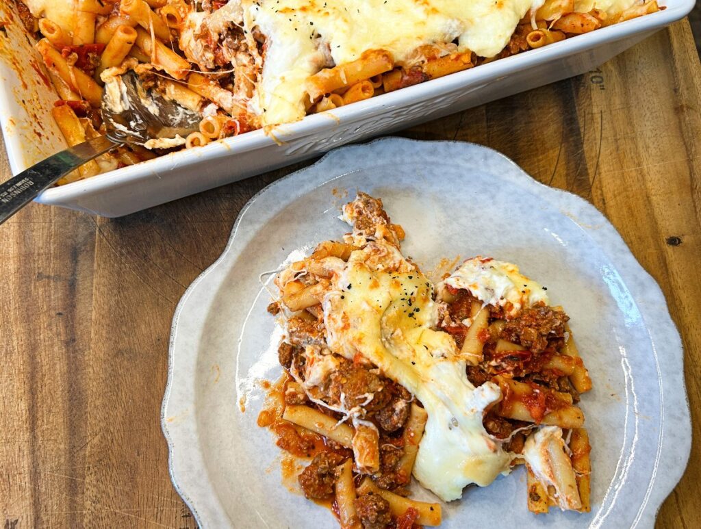 easy baked ziti served on a white plate
