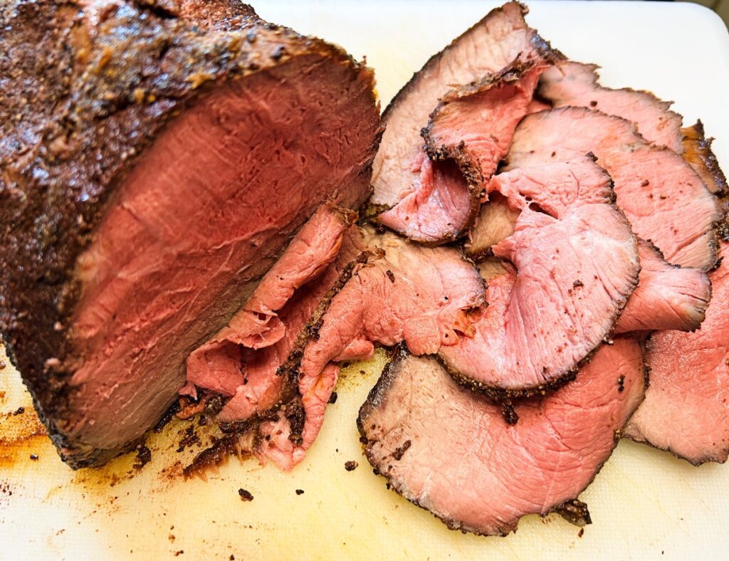 Thinly sliced top round roast beef for Beef and Cheddar sandwiches