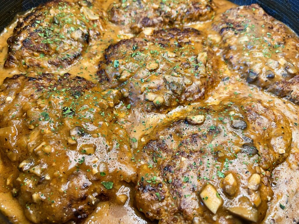 homemade Salisbury steak with mushroom gravy