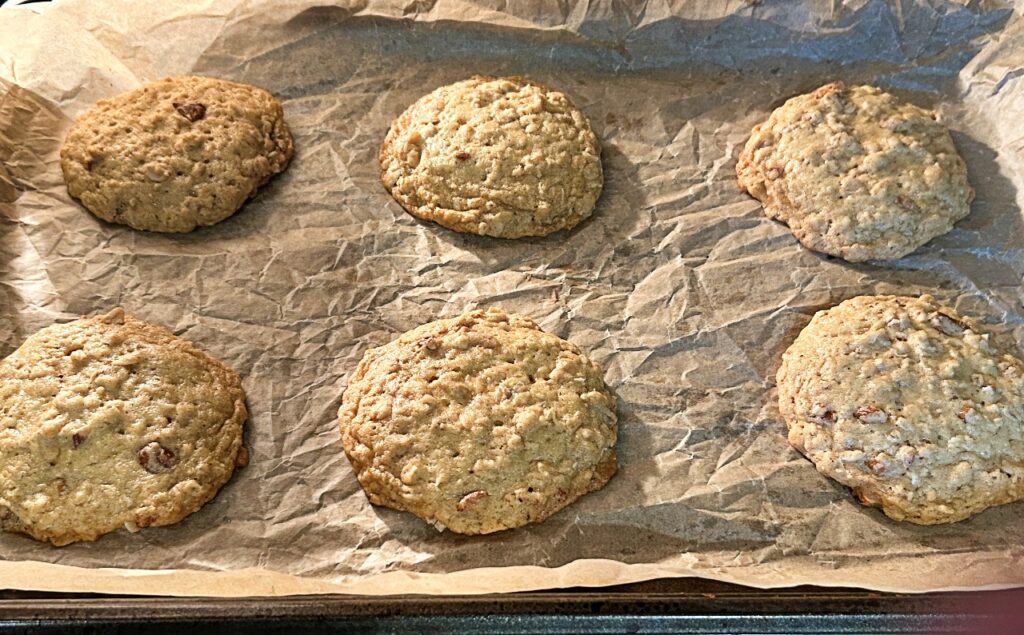 Freshly baked maple pecan oatmeal cookies with golden edges and chewy centers.