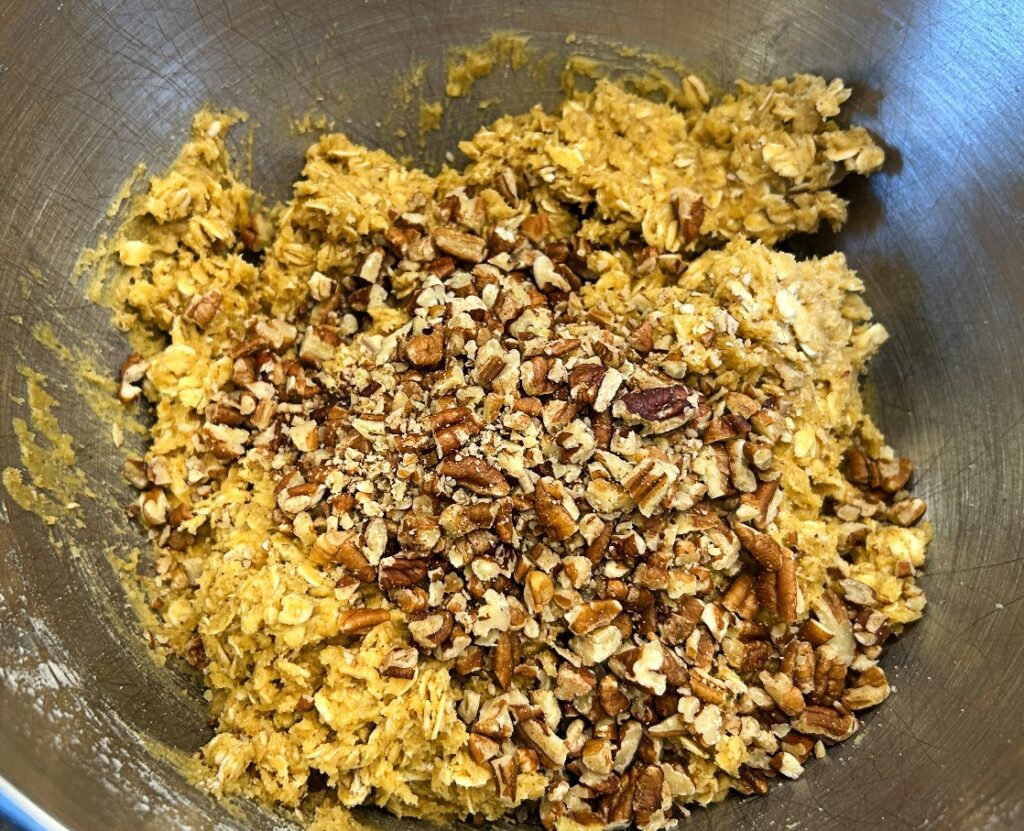 Cookie dough for brown butter maple pecan oatmeal cookies before baking.