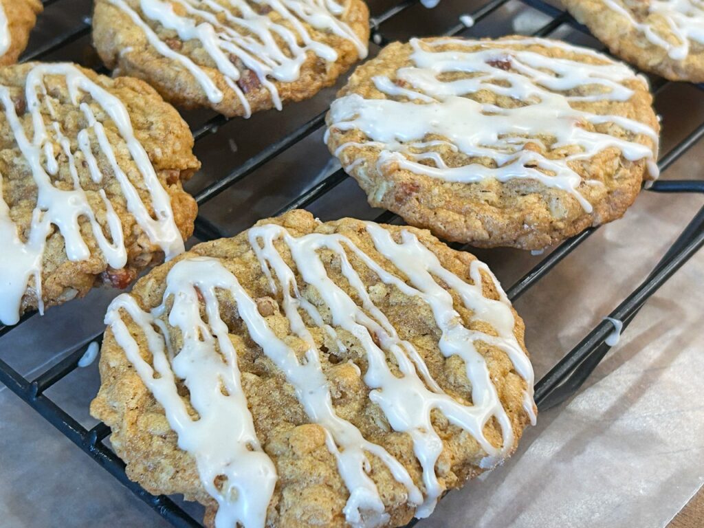 Maple glazed oatmeal cookies filled with old-fashioned oats and toasted pecans.